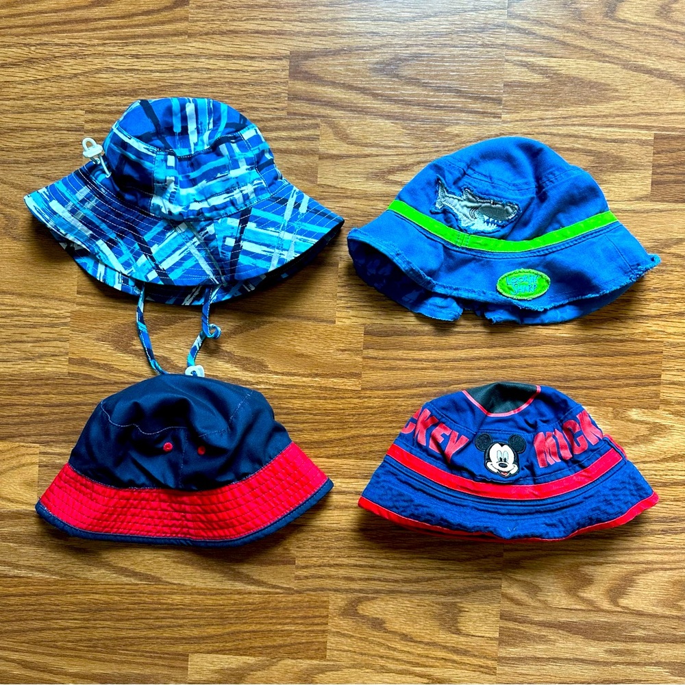 Lot 4x Baby Toddler Boy Bucket Sun Hats OSFM Disney Mickey Mouse Shark Blue EUC!